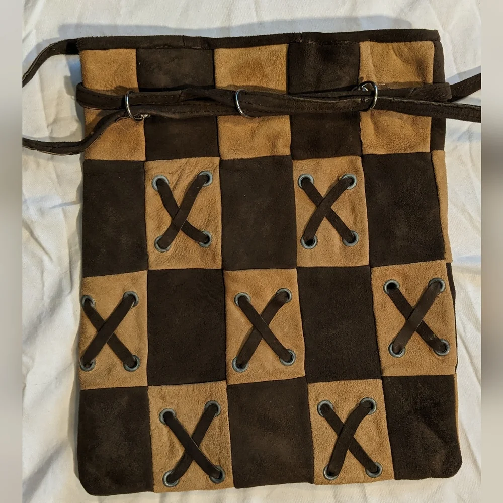 Vintage 1960's  Boho tan &‎ brown patchwork suede purse, made in Spain